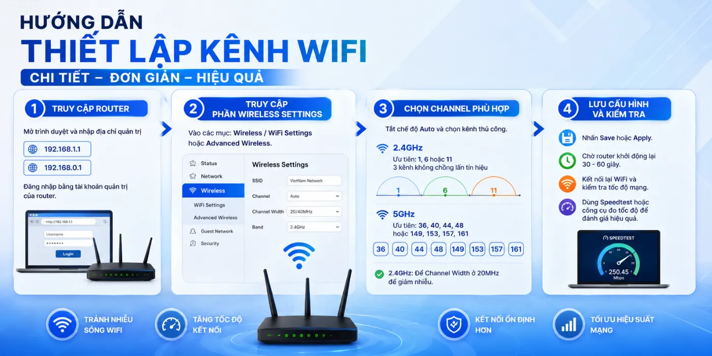 Cách Thiết Lập Kênh WiFi Tránh Nhiễu Sóng, Tăng Tốc Độ cach thiet lap kenh wifi tranh nhieu song 3