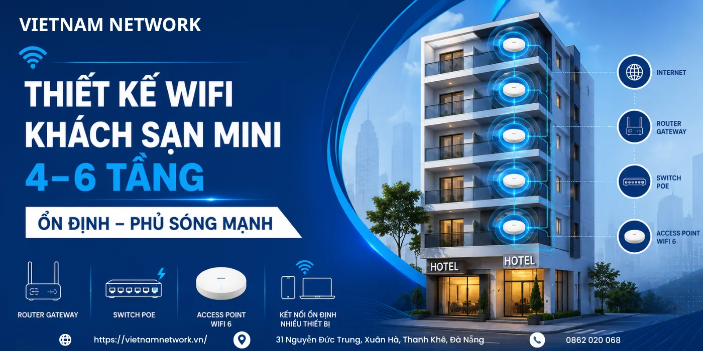 Thiết Kế WiFi Khách Sạn Mini 4–6 Tầng Ổn Định, Phủ Sóng Mạnh thiet ke wifi khach san mini 4–6 tang on dinh 1